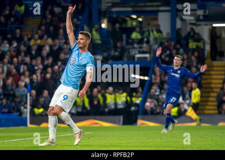 London, Großbritannien. 21 Feb, 2019. Markus Rosenberg von Malmö FF während der UEFA Europa League Runde 32 Spiel zwischen Chelsea und Malmö FF an der Stamford Bridge, London, England am 21. Februar 2019. Foto von salvio Calabrese. Nur die redaktionelle Nutzung, eine Lizenz für die gewerbliche Nutzung erforderlich. Keine Verwendung in Wetten, Spiele oder einer einzelnen Verein/Liga/player Publikationen. Credit: UK Sport Pics Ltd/Alamy leben Nachrichten Stockfoto