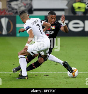 Leverkusen, Deutschland. 21 Feb, 2019. Wanderson (L) von Krasnodar Mias mit Leon Bailey von Leverkusen während der UEFA Europa League Umlauf von 32 zweites Bein Fußball Spiel zwischen Bayer 04 Leverkusen und FC Shakhtar Krasnodar in Leverkusen, Deutschland, Feb.21, 2019. Das Match endete in einem 1-1 zeichnen. Quelle: Joachim Bywaletz/Xinhua/Alamy leben Nachrichten Stockfoto