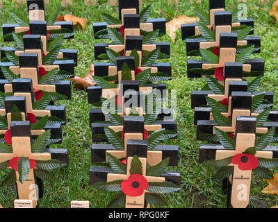 Viele Kreuze und andere Ehrungen auf der Westminster Abbey Feld der Erinnerung, London, UK, in Erinnerung an die im ersten Weltkrieg gefallenen Eins und Zwei. Stockfoto