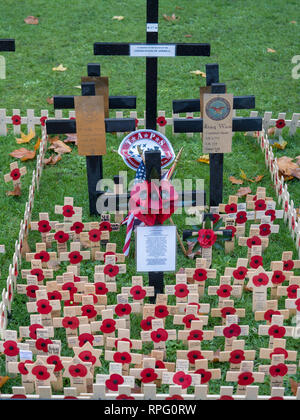 Viele Kreuze und andere Ehrungen auf der Westminster Abbey Feld der Erinnerung, London, UK, in Erinnerung an die im ersten Weltkrieg gefallenen Eins und Zwei. Stockfoto