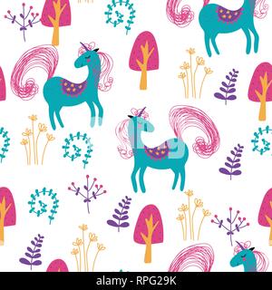 Hand nahtlose Muster mit niedlichen Einhörner, Pflanzen gezogen. Perfekt für Textilien, Tapeten, Geschenkpapier oder Kinderzimmer Dekor. Vector Illustration. Stock Vektor