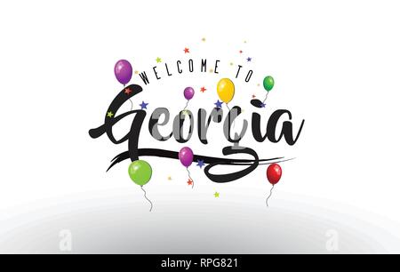 Georgien Willkommen bei Text mit bunten Luftballons und Sterne Design Vector Illustration. Stock Vektor