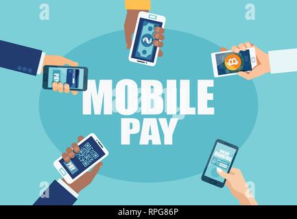 Der Vektor der Hände, die Smartphones über verschiedene mobile Payment Optionen, um eine Zahlung zu leisten Stock Vektor