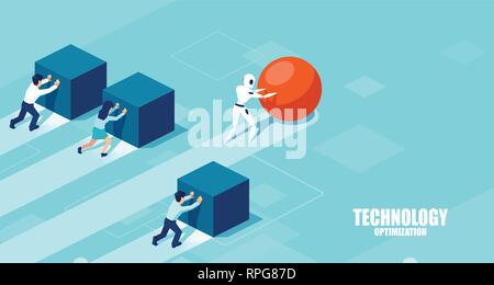 Vektor eines Roboters drücken eine Kugel führt das Rennen gegen eine Gruppe von langsamer Geschäftsleute drücken. Technologie Optimierung in der Wirtschaft anhand von quantitativen Simulatio Stock Vektor