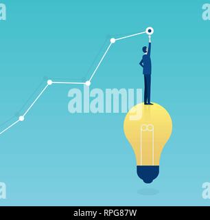 Intelligente Investition Konzept. Vektor eines erfolgreichen Geschäfts Mann stand auf einem hellen Glühbirne Zeichnung einer wachsenden Diagramm Stock Vektor