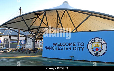 Zu Manchester City Football Club, North West England, UK Willkommen Stockfoto