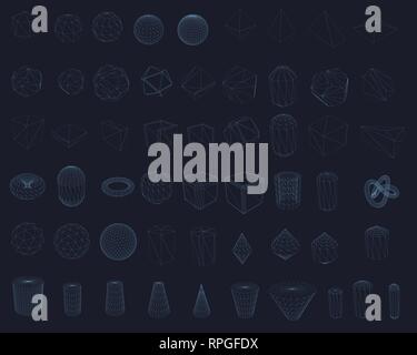 Set mit Drahtmodell aus geometrischen Formen in verschiedenen Formen auf einem dunkelblauen Hintergrund. Geometrische Formen aus der blauen Linien. Polygonale Formen für Ihre Stock Vektor