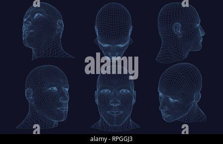 Set mit polygonalen Kopf eines Mannes auf einem dunklen Hintergrund. Drahtmodell der Kopf eines Mannes, der von der blauen Linien. 3D. Detaillierte Drahtmodell der menschlichen Kopf. V Stock Vektor