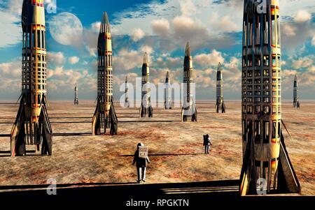 Futuristische Raketenbasis mit menschlichen Astronauten. Stockfoto