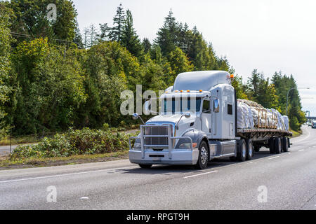 Big Rig Hellgrau klassische amerikanische Fracht Motorhaube Long Haul aerodynamische Semi Truck mit Aluminium Grille guard Transport von kommerziellen Ladung auf flachen b Stockfoto