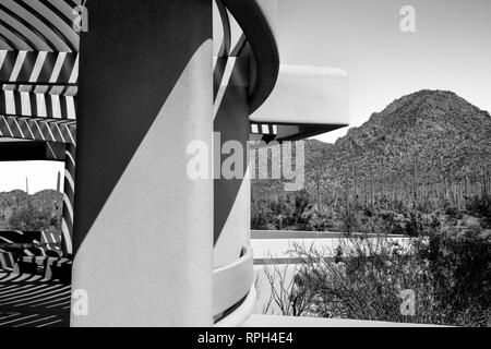 Die moderne Architektur und Saguaro Kakteen Bereich um den das Arizona-Sonora Desert Museum mit Blick auf eine unglaubliche und endlose Aussicht in Tucson, AZ Stockfoto