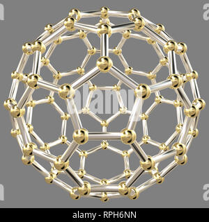 3D-Rendering von einer abstrakten geometrischen Form aus Sechsecken mit goldenen Kugeln an ihre Eckpunkte bilden eine kugelige Struktur, auf 50% grau Hintergrund Stockfoto