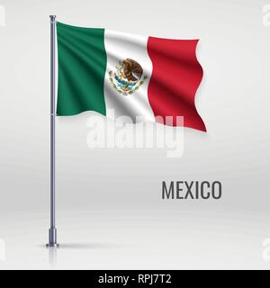 Wehende Flagge von Mexiko am Fahnenmast. Für Independence day Poster Design Template Stock Vektor