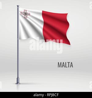 Wehende Flagge von Malta am Fahnenmast. Für Independence day Poster Design Template Stock Vektor