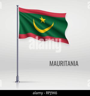 Wehende Flagge Mauretanien am Fahnenmast. Für Independence day Poster Design Template Stock Vektor