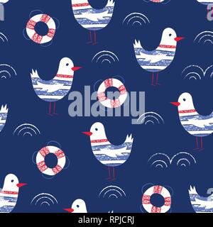 Skurril und niedlichen Nautische Hand-Drawn mit Buntstiften, Rettungsringe und Möwen Vektor nahtlose Muster für Kinder und Babys. Spaß Hintergrund. Meer, Ozean Ob Stock Vektor
