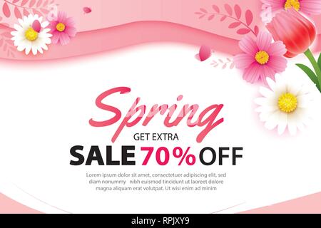 Frühling Verkauf Banner mit blühenden Blumen Hintergrund Vorlage. Design für Werbung, Flyer, Poster, Broschüre, Einladung, gutschein rabatt. Stock Vektor