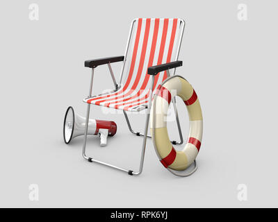 Lifeguard Chair mit Rettungsring und Megaphon, auf grauem Hintergrund. Stockfoto