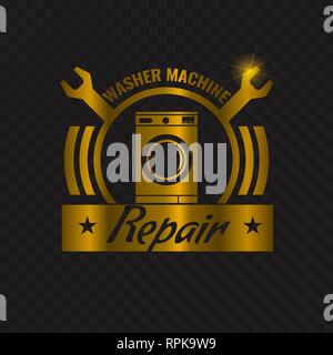 Waschmaschine Reparatur Symbol oder Logo mit Gold Farbe. Waschmaschine Reparatur Symbol. Vector Illustration. Stock Vektor