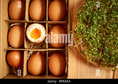 Bio Huhn Eier im Karton auf den Eiern mit Fächern und die Platte von kresse Keimsprossen Stockfoto