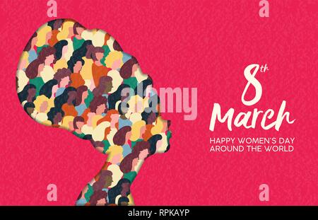 Happy Tag der Frauen Abbildung. Afrikanische Papier schneiden mädchen silhouette mit Frauen Gruppe Inside, weiblichen Publikum für gleiche Rechte März oder friedlichen Protest conc Stock Vektor