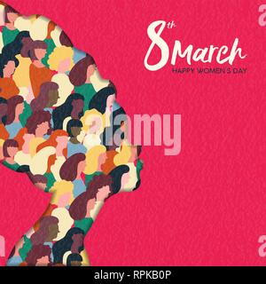 Happy Tag der Frauen Abbildung. Afrikanische Papier schneiden mädchen silhouette mit Frauen Gruppe Inside, weiblichen Publikum für gleiche Rechte März oder friedlichen Protest conc Stock Vektor