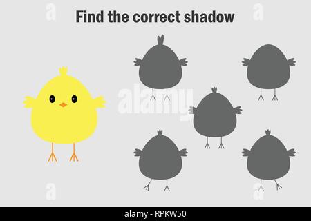 Die korrekte Schatten finden, Ostern Spiel für Kinder, Küken im Comic-stil, Bildung Spiel für Kinder, Vorschule Arbeitsblatt Aktivität, Aufgabe für die Entwicklung Stock Vektor