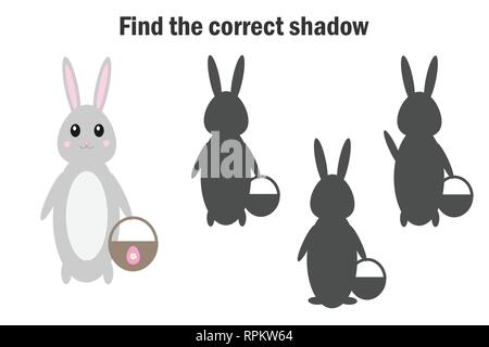 Die korrekte Schatten finden, Ostern Spiel für Kinder, Bunny im Comic-stil, Bildung Spiel für Kinder, Vorschule Arbeitsblatt Aktivität, Aufgabe für die Entwicklung Stock Vektor
