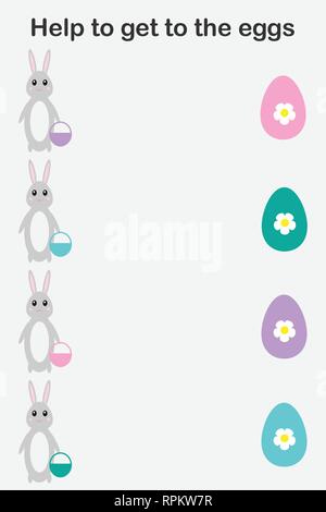 Bunny Cartoon Stil, Hilfe, um Eier zu erhalten, Farbe der Eier die gleiche Farbe der Korb, Bildung Papier Ostern Spiel für die Entwicklung der Kinder im Vorschulalter Stock Vektor