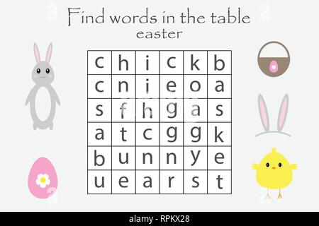 Word Search Puzzle für Kinder, Ostern Thema, Spaß Bildung Spiel für Kinder, Vorschule Arbeitsblatt Aktivität, Vektor Stock Vektor