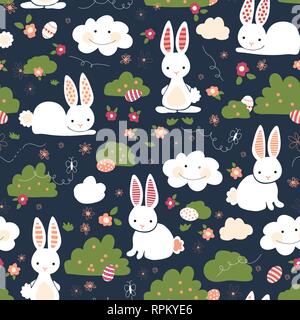 Süße Osterhasen nahtlose Vektor Kinder Muster. Cute Bunny, Eier, Blumen, Wolken, blauer Hintergrund Stock Vektor