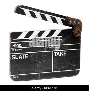 Vintage leer Film klatschen Board für kinematographie oder Video mit dem Klöppel hat den Anfang und das Ende eines Bewegungsablaufs für Sound synchron aufzeichnen Stockfoto
