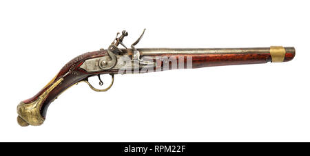 Jahrgang alte Hand gun, flintlock Pistol, gesehen von der Seite, auf weißem Hintergrund Stockfoto
