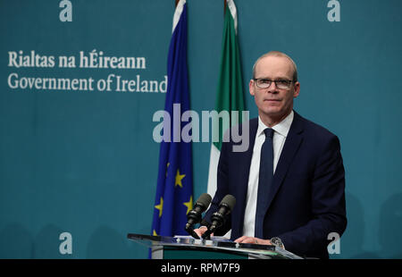 Stellvertretende Premierministerin Simon Coveney bei einer Pressekonferenz für einen auf die Veröffentlichung der Rückzug des Vereinigten Königreichs aus der Europäischen Union (Bestimmungen) Bill 2019 auf Regierungsgebäude in Dublin zu aktualisieren. Stockfoto