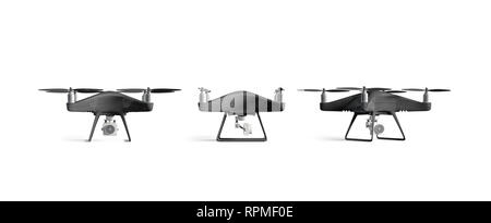 Leeren schwarzen Quadrocopter Mockup, stand isoliert, Vorder- und Seitenansicht, 3D-Rendering. Leere outdoor Quadrocopter mock up. Klare Technologie Spion mit Pro Stockfoto