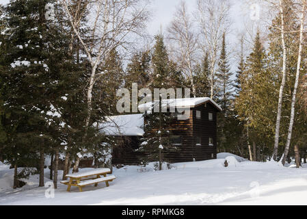 Eine verschneite Holzhütte in einem Pinienwald. Duluth, Minnesota, USA. Stockfoto
