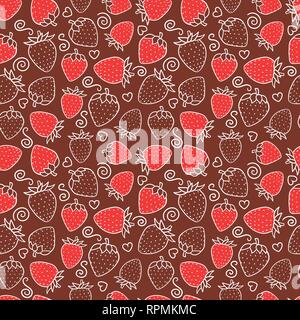 Erdbeere süß nahtlose Muster. Design Oberflächenstruktur. Hand Vector Illustration auf Schokolade Hintergrund Stock Vektor