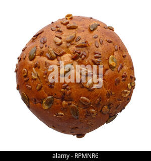 Essen und Trinken: einzelne Runde mehrkorn Brötchen mit ganzen Samen, auf weißem Hintergrund Stockfoto