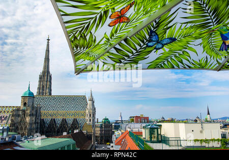 Blick auf den Stephansdom, Wiener Kathedrale, von der Bar auf der Dachterrasse des Lamée Hotel Stockfoto