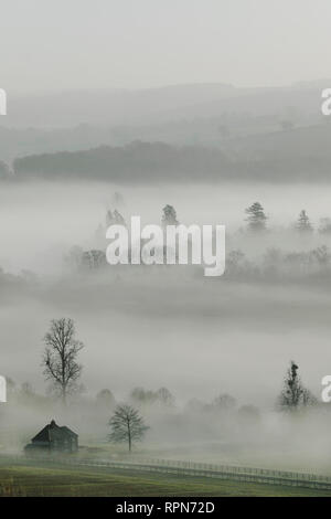 Morgennebel wirbelt um ein Bauernhaus im Meon Valley in der South Downs National Park, in der Nähe von Bishops Waltham, UK, Dienstag, 19. Februar. Photogra Stockfoto