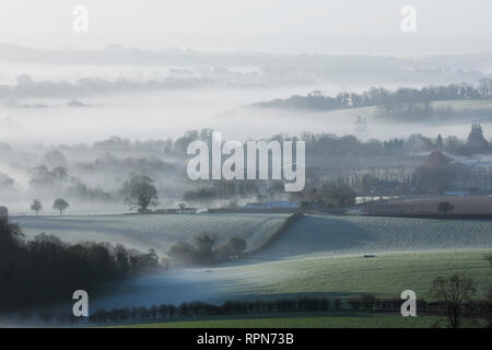 Nebel und Frost im Meon Valley in der South Downs National Park, in der Nähe von Bishops Waltham, UK, Dienstag, 19. Februar. Foto: © Lukas MacG Stockfoto