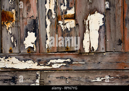 Verblasst und abblätternde Farbe auf eine alte hölzerne Tür auf der Isle of Portland, Dorset, England Großbritannien GB Stockfoto