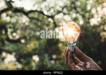 Hand mit einer Glühbirne. Innovation und kreatives Konzept. Stockfoto