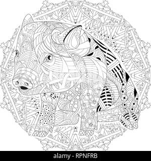 Abbildung Zentangle Schwein mit Mandala. Zentangle oder doodle Ferkel. Malbuch Haustiere. Stock Vektor