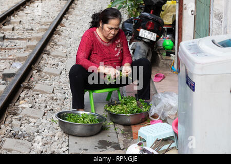 Lokale Frau Essen zubereiten, während vor ihrem Haus in der Nähe einer Eisenbahnlinie, Altstadt, Hanoi, Vietnam, Asien Stockfoto