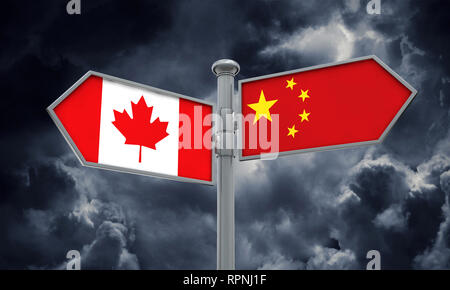 China und Kanada Flagge zeichen Verschieben in andere Richtung. 3D-Rendering Stockfoto