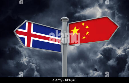 China und Island Flagge zeichen Verschieben in andere Richtung. 3D-Rendering Stockfoto