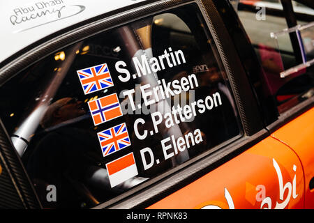 PARIS, Frankreich - Okt 4, 2018: Detail der neue Sport Rallye Citroen C2 WRC auf internationaler Auto Ausstellung Mondial Paris Motor Show die Namen der Treiber Stockfoto