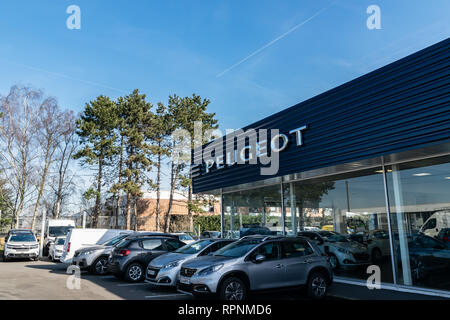 RONCQ, Frankreich - Februar 20,2019: Peugeot Logo auf dem Autohaus Gebäude. Stockfoto