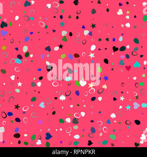 Bunte Herzen, Sterne und Kreise auf rotem Hintergrund, nahtlose Muster Stockfoto